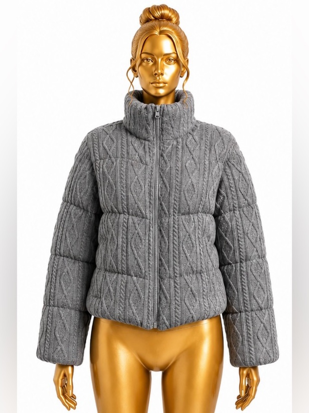 Hollister Gray Quilted Cable-Knit Puffer Jacket